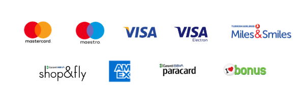 Mastercard, Maestro, Visa, Visa Electron, Amex, Bonus, Paracard, Miles&Smiles, Shop&Fly